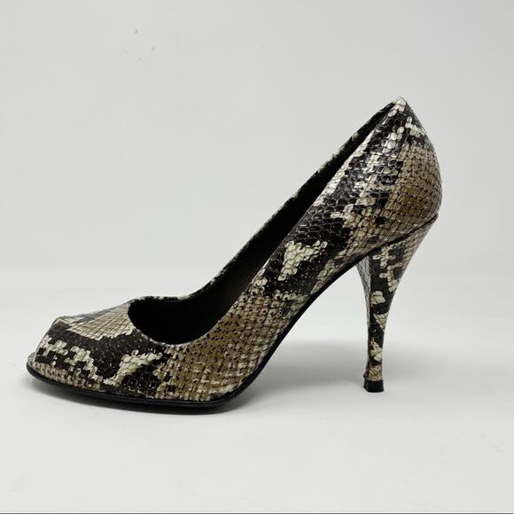 Stuart Weitzman Snakeskin Python Leather Peep Toe High Heels Shoes Black Tan 6 - Picture 2 of 11